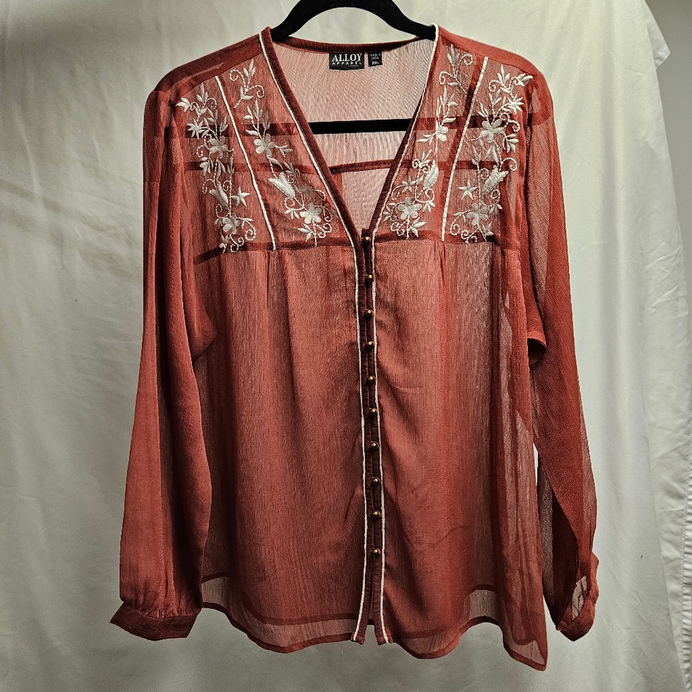 3for$25 Burgundy wine sheer button down embroidered white v-neck Alloy XXL